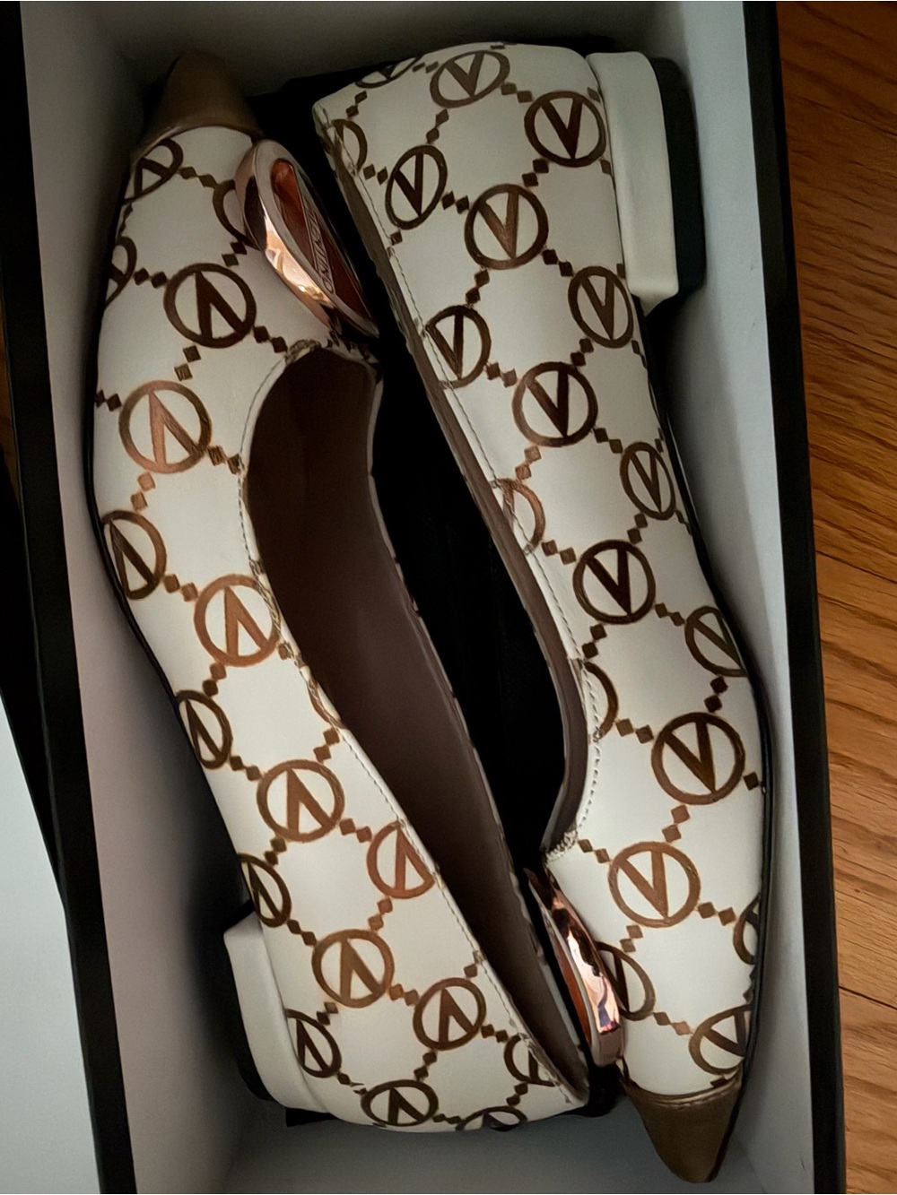 Valentino By Mario Valentino White Ballet Flats with Brown Logo Chain Print